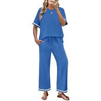 2 pc Womens Casual Summer Lounge Set Short Sleeve Wide Leg Pants