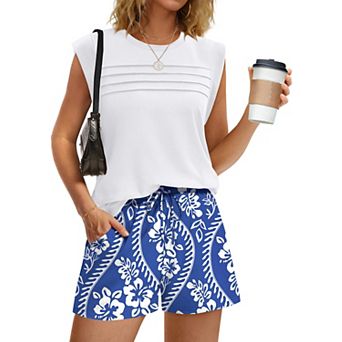 2 pc Womens Sleeveless Top and Shorts Set Drawstring Pockets Summer Lounge Beach Outfit