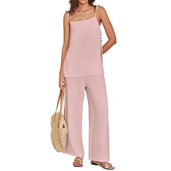 Womens 2 pc Summer Sleeveless Top Wide Leg Pants Loose Lounge Set