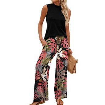 Womens 2 pc Mock Neck Sleeveless Top and Wide Leg Pants Set Summer Travel