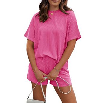 Womens 2 pc Ribbed Knit Lounge Set Short Sleeve Top and Shorts with Pockets