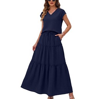 2 pc Womens V Neck Top and Flowy Maxi Skirt Set Casual