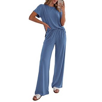Women 2 pc Summer Lounge Set Short Sleeve Top Wide Leg Pants with Pockets