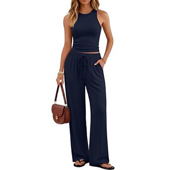 Womens 2 pc Summer Lounge Set Wide Leg Pants Matching Outfits