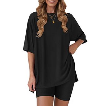 Womens 2 pc Oversized Shirt and Biker Shorts Lounge Set Summer Casual