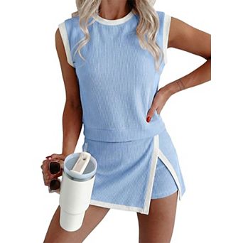 Womens 2 pc Rib Knit Tank Top High Waist Split Skirt Set Summer Workout