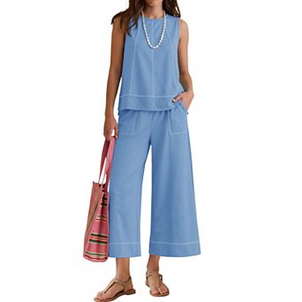 2 pc Womens Sleeveless Top Cropped Wide Leg Pants Set With Pockets