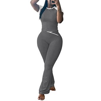 Womens 2 pc Crop Top Flare Pants Set U Neck Tank High Waist Wide Leg