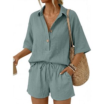 Womens 2 pc Cotton Button Down Short Set Summer Outfit