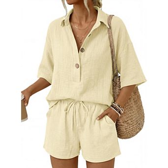Womens 2 pc Cotton Button Down Short Set Summer Outfit