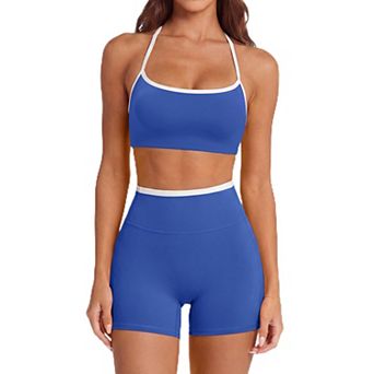 Women 2 pc Padded Halter Sports Bra High Waisted Biker Shorts Set