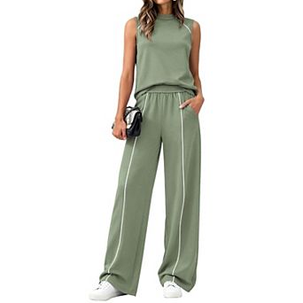 Women 2 pc Sleeveless Mock Neck Tops Wide Leg Pants Lounge Set