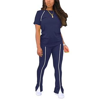 Womens 2 pc Striped Short Sleeve Long Flare Pants Casual Tracksuit