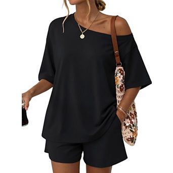 Womens 2 pc Off Shoulder Top and Shorts Summer Lounge Set