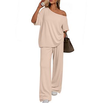 Womens 2 pc Oversized Off-Shoulder Top Wide-Leg Pants Lounge Set