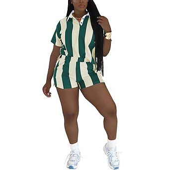 2 pc Womens Striped Polo Shirt High Waisted Shorts Summer Casual Set