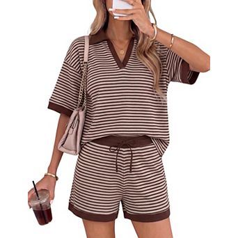 Womens 2 pc Striped Waffle Knit Shorts Set Collared Top Lounge