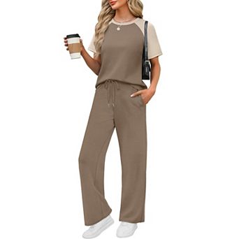 Womens 2 pc Short Sleeve Top Wide Leg Pants Lounge Travel Vacation Outfit Set