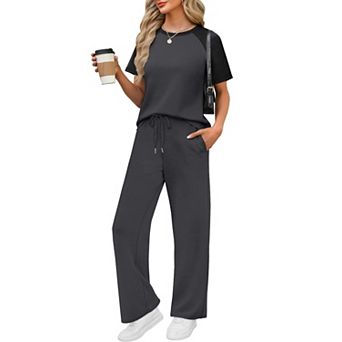 Womens 2 pc Short Sleeve Top Wide Leg Pants Lounge Travel Vacation Outfit Set