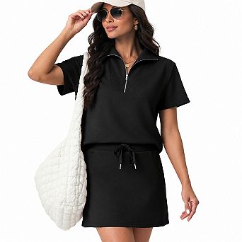 Womens 2 pc Half Zip Short Sleeve Top and Pocketed Tennis Skort Set