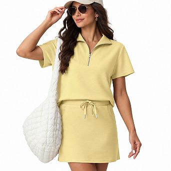 Womens 2 pc Half Zip Short Sleeve Top and Pocketed Tennis Skort Set
