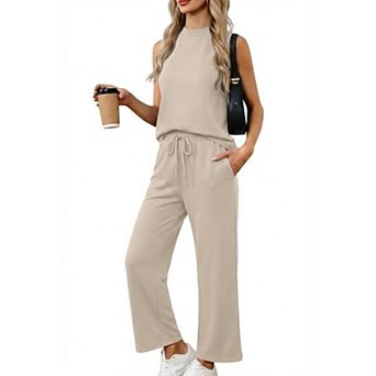 Womens 2 pc Sleeveless Tank Top Wide Leg Pants Lounge Set Travel Outfit