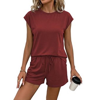 Womens 2 pc Short Set Cap Sleeve Crew Neck Lounge Two Piece Outfit Drawstring Shorts