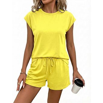 Womens 2 pc Short Set Cap Sleeve Crew Neck Lounge Two Piece Outfit Drawstring Shorts