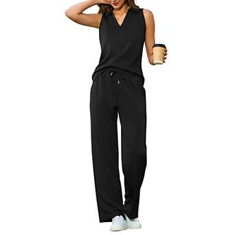2 pc Womens Travel Outfits Sleeveless V-Neck Top Wide Leg Pants Set