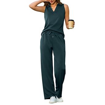 2 pc Womens Travel Outfits Sleeveless V-Neck Top Wide Leg Pants Set
