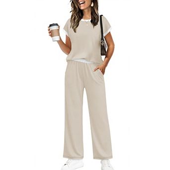 Womens 2 pc Summer Outfit Crew Neck Tee Wide Leg Palazzo Pants Set