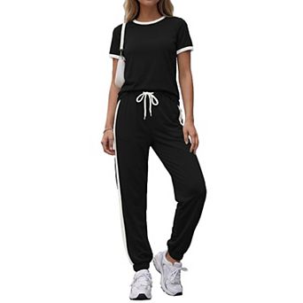2 pc Women Summer Short Sleeve Top Long Pants Lounge Set with Pockets