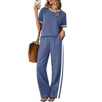2 pc Womens Matching Summer Lounge Set Short Sleeve Wide Leg Pants