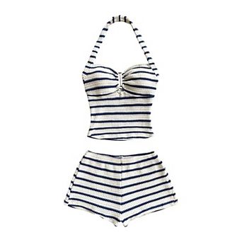 Womens 2 pc Striped Crochet Halter Top Mini Shorts Set