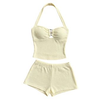 Womens 2 pc Striped Crochet Halter Top Mini Shorts Set