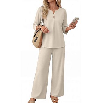 Womens 2 pc 3/4 Sleeve Lounge Set Wide Leg Pants Vacation Travel Outfit