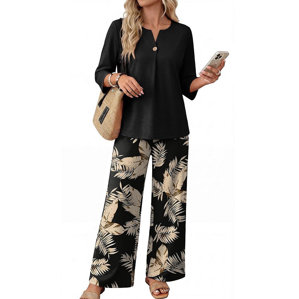 Womens 2 Pcs 3/4 Sleeve Lounge Set Wide Leg Pants Vacation Travel Outfit