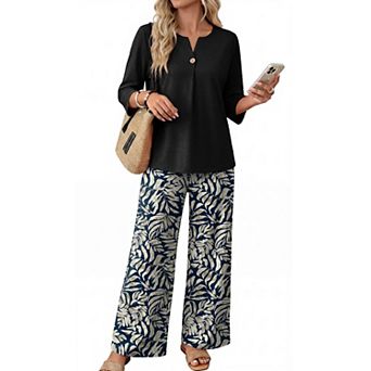 Womens 2 pc 3/4 Sleeve Lounge Set Wide Leg Pants Vacation Travel Outfit