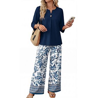 Womens 2 pc 3/4 Sleeve Lounge Set Wide Leg Pants Vacation Travel Outfit