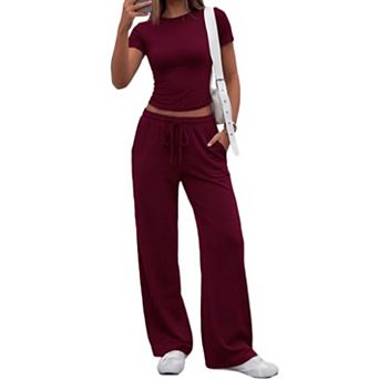 2 pc Womens Lounge Sets Fitted Tee Wide Leg Pants With Pockets