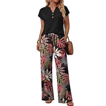 Womens 2 pc Wide Leg Lounge Pant Set Short Sleeve V Neck Top Summer Travel