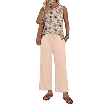2 pc Womens Summer Outfits Sleeveless Tank Top Wide Leg Pants Set