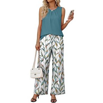 Womens 2 pc Sleeveless Tank Top Wide Leg Pants Lounge Beach Vacation Set