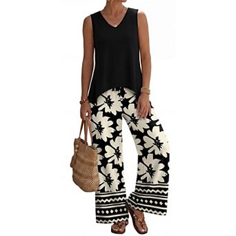 Womens 2 pc Sleeveless Tank Top Wide Leg Pants Lounge Travel Set
