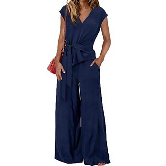 Womens 2 pc Smocked Wrap Top Wide Leg Pants Set with Pockets