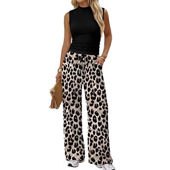 2 pc Womens Sleeveless Mock Neck Crop Top Wide Leg Pants Set Casual Summer Travel