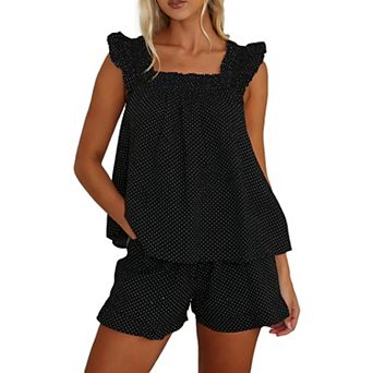 2 pc Womens Summer Pajama Set Flying Sleeve Tank Top Ruffle Shorts Lounge