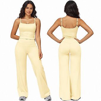 2 pc Womens Workout Sets Scoop Neck Sports Bra Straight Leg Yoga Pants