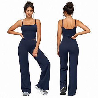 2 pc Womens Workout Sets Scoop Neck Sports Bra Straight Leg Yoga Pants