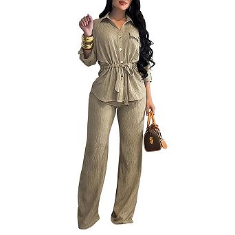Womens 2 pc Button Down Shirt Wide Leg Pants Business Casual Set